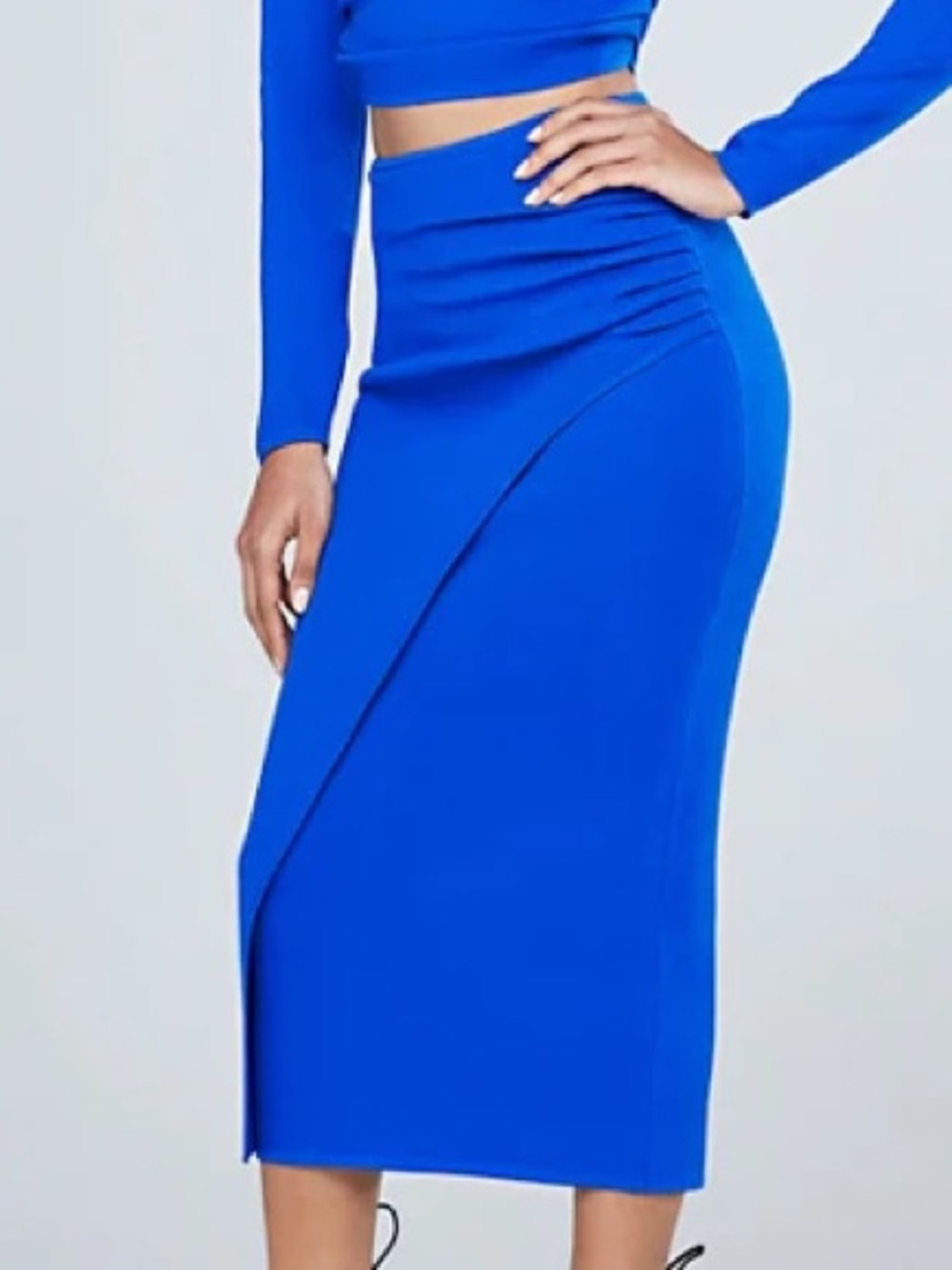 Cobalt Blue Midi Pencil Skirt with Asymmetrical Wrap Detail